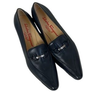 NEW Salvatore Ferragamo Black Gancio Leather Buckle Slip On Pump Heels  8.5 B